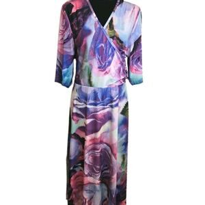Maxi Dress Abstract Floral Pink Purple Blue Wrap Style Top LARGE Boho. COQUETTE